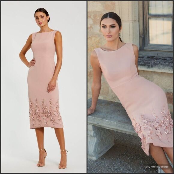 MAC DUGGAL 11853 Pink Crepe Sleeveless Midi Dress With Flower Beading